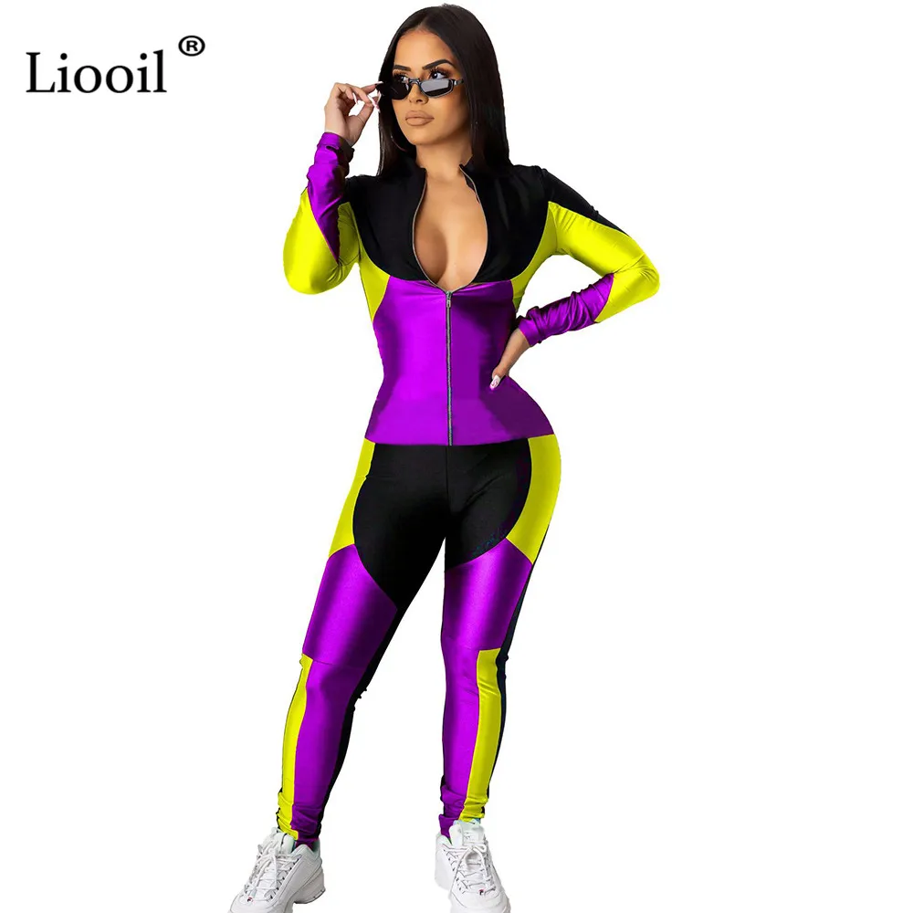 Liooil комплект из 2 предметов с цветным блоком, спортивный костюм для женщин, спортивный костюм с длинным рукавом, на молнии, сексуальный топ и брюки-карандаш, набор для бегунов
