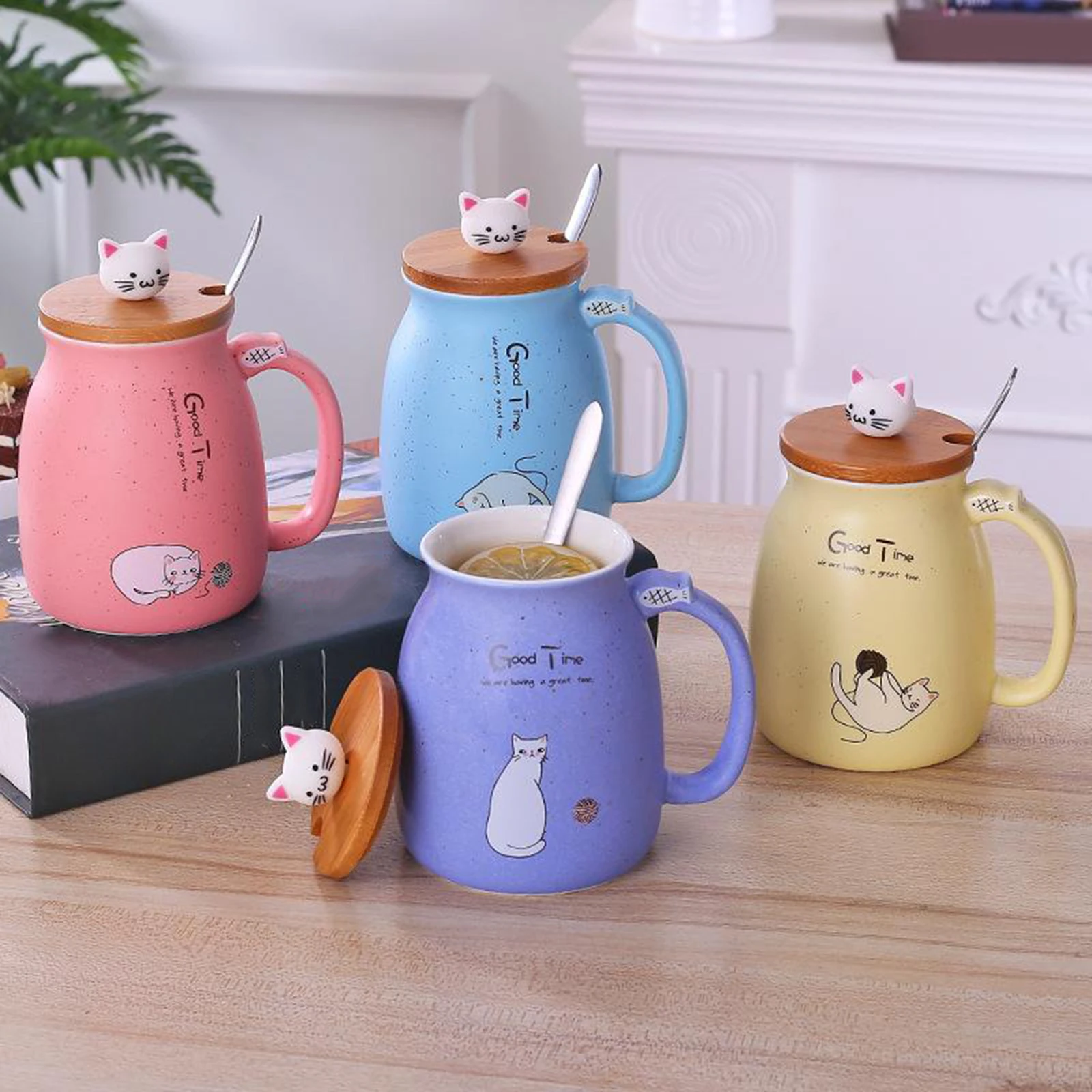 Cute Cat Ceramic Cup Hot Cold Tea Cup Milk Coffee Mug with Spoon Lid Pink