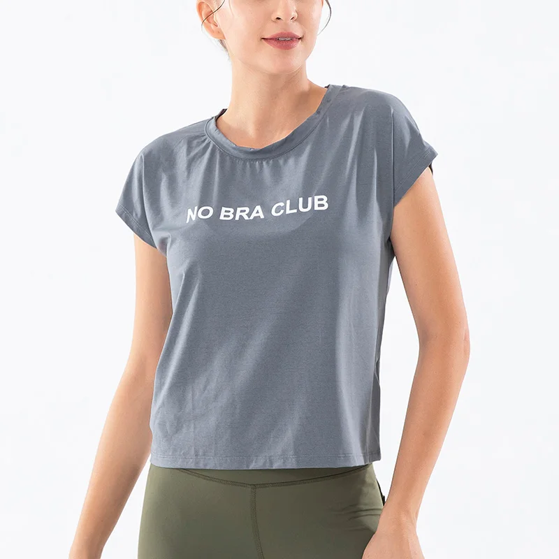 Women Gym Yoga Top Running Breathable Short Sleeve T-Shirts Solid Color Loose Fit Elastic Sexy Letter Printing Sport Shirts