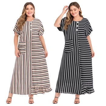 

Fashion Islamic Women Short Sleeve Long Maxi Dress Kaftan Stripe Muslim Loose Caftan Pocket Robe Dubai Abaya Clothing Plus Size
