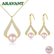 Настоящий 925 Серебряный ювелирный набор, капли воды, натуральный пресноводный жемчуг, висячие серьги, подвеска, ожерелье, золотые цепочки для женщин, подарок