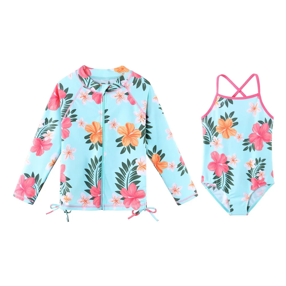 

BAOHULU Summer Kids Swimsuit Two- Pieces UPF50+ UV Protection Tankini Set+ Swim Coat Print Girls Bikini Set Bathing Suits