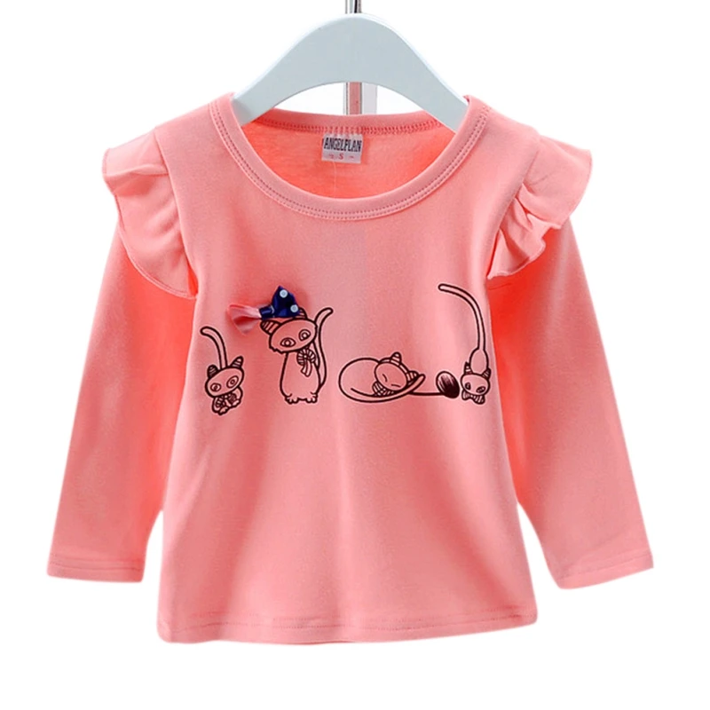 Осенние футболки для маленьких девочек футболки с длинными расклешенными рукавами и рисунком кота детские топы, Повседневная Блузка