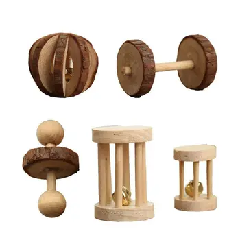 

5pcs Hamster Wood Chew Toys Set Exercise Bell Roller Wooden Dumbells for Bunny