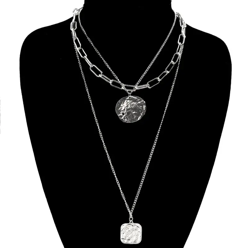 JUST FEEL Vintage Gold Silver Color Portrait Round Coin Choker Necklace Women Multi-layer Pendant Necklace Statement Accessories