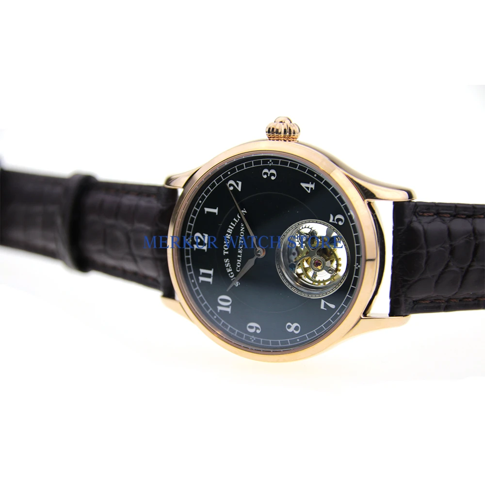 

Sugess Mens Watch Flying Mechanical Seagull ST8000 Tourbillon Movement Skelenton Luxury Dress Gold Plated Black Dial