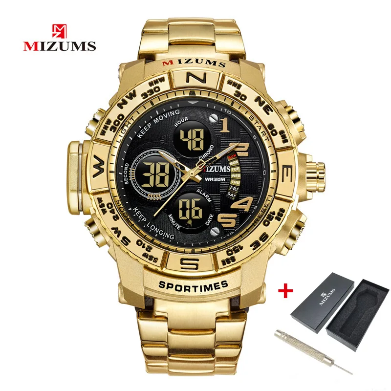 

MIZUMS Men Watch Gold Quartz Analog Digital LED Display Steel Band Sport Business Stop Watches for Men Chrono Military Clock