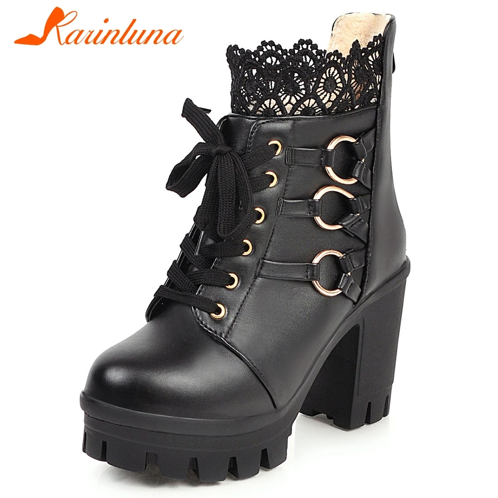 

KARINLUNA Dropship 33-43 Winter Warm Fur Booties Ladies Platform Ankle Boots Women 2019 Elegant Lace High Heels Shoes Woman