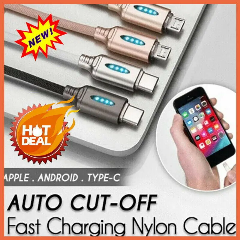 

Auto Cut-off Fast Charging Nylon Cable Mobile Phone Intelligent Power Off Data Line For Android Type-C iPhone