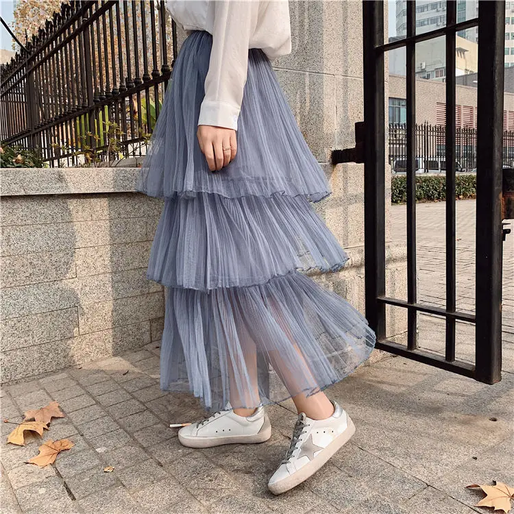 Gray Blue Colorfaith осень-зима женские ботильоны-Длина длинная юбка Повседневное элегантное платье с фатиновой юбкой разноцветный милый с высокой талией женские SK7315 - Цвет: Gray Blue