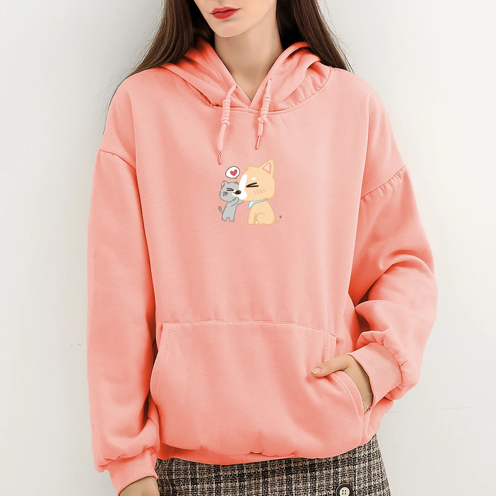 

Women Sweatshirts Aesthetic Cat Dog Print Pullover Hoodies 90s Plus Size Winter Cotton Sportwear Streetwear Vetemznt Femme Hiver
