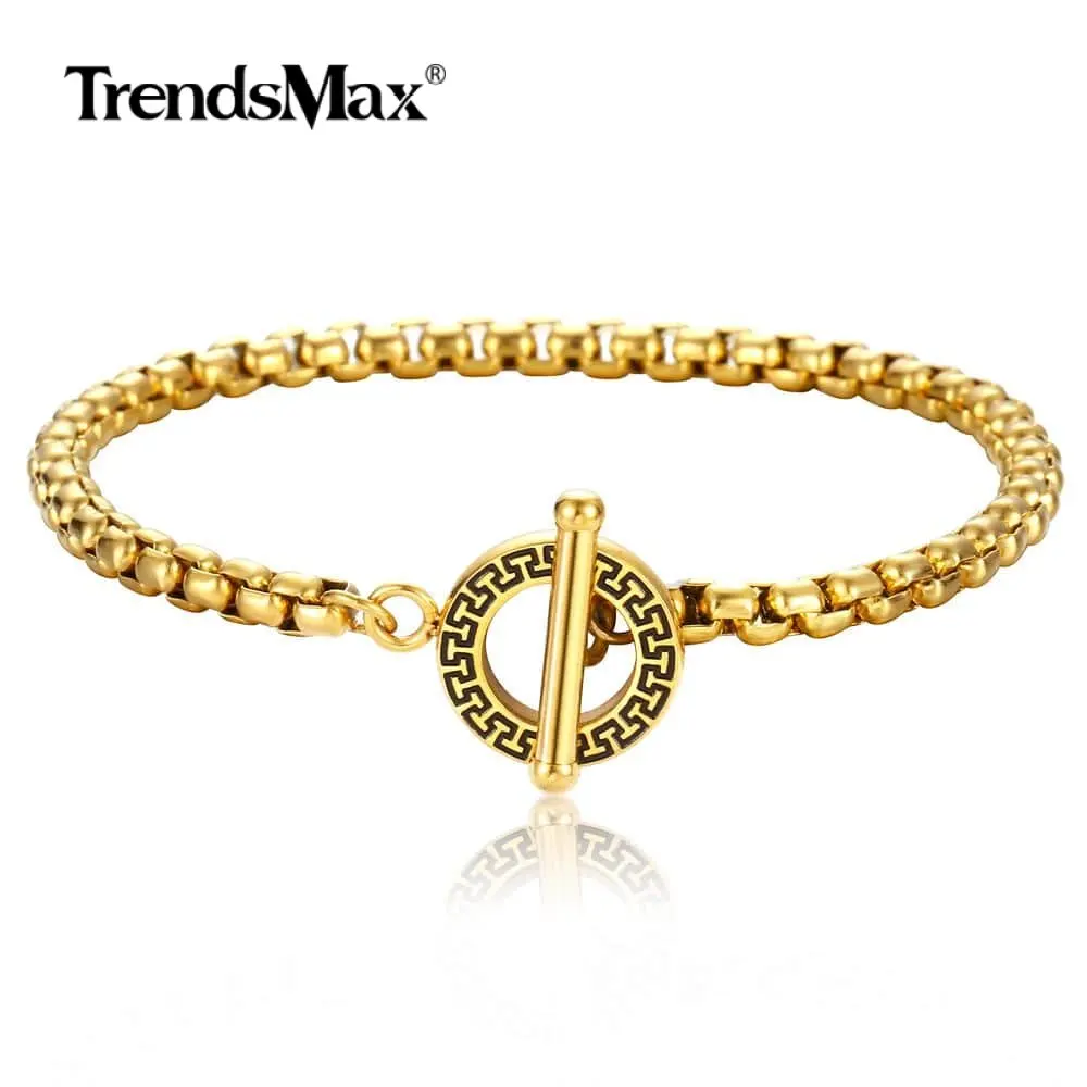 

4mm Gold Color Stainless Steel Bracelet for Men Women Box Link Hand Chain Unique Patterns Toggle Clasp 8-10 inch TBS00304