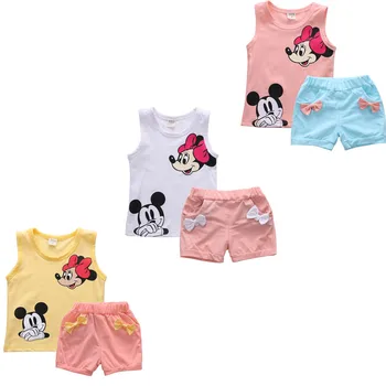 

1-5Y Summer Mickey Toddler Girl Clothes Children Set Bow Infant Kids Baby O-Neck Pullover T-shirt Vest Tops+Short Pants Outfits