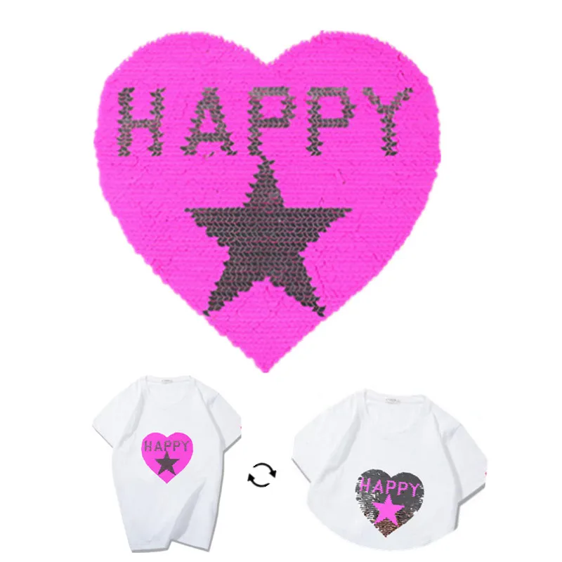 Sequins Patch HAPPY Heart Reversible Change Color AB Patches For Clothing Logo Strange Things Stickers Deal With It Tshirt Coat | Дом и сад