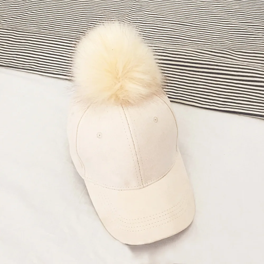 Fashion WomenBig hair ball suede baseball cap female curved capWinter Hats M0802