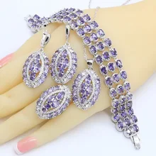 Геометрический сиреневый Циркон 925 Серебряные Ювелирные наборы для женщин браслет серьги ожерелье кулон кольцо подарок для свадьбы дня рождения
