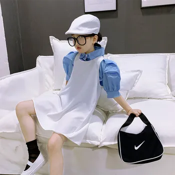 

Baby Girls Shirt 2020 Summer New Korean Style Big Children's French Puff Sleeve Shirt Vest Skirt Two-Piece Fashion Children