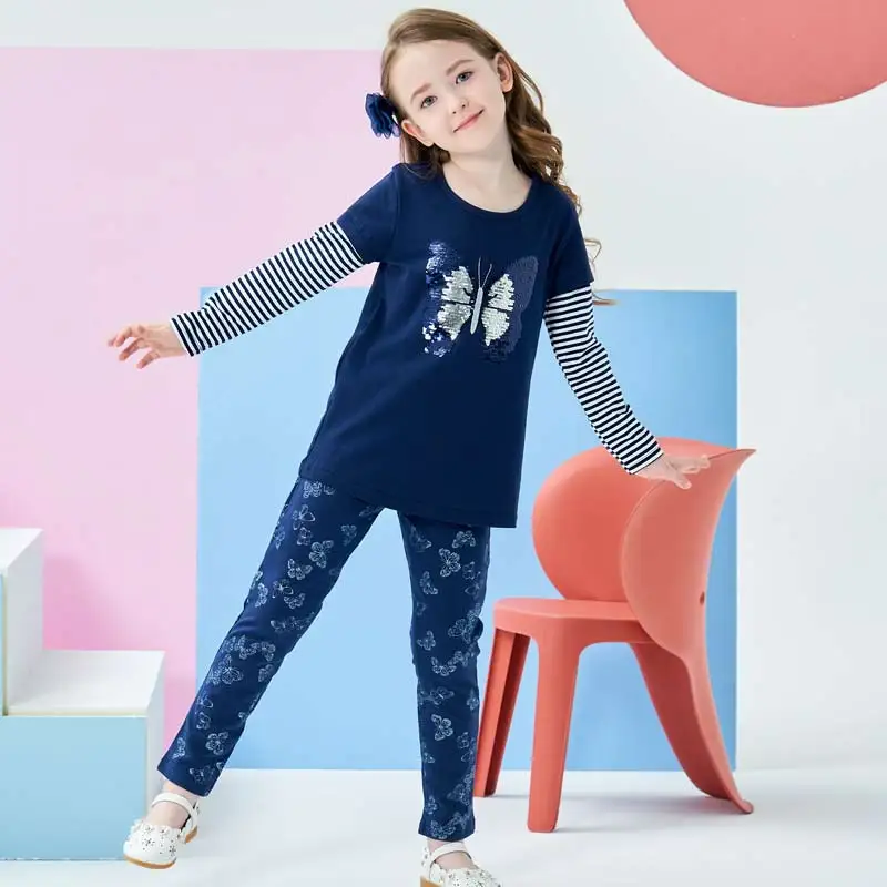 VIKITA комплекты одежды для девочек детские хлопковые футболки с длинными рукавами, бабочка с блестками и леггинсы, брюки детская одежда