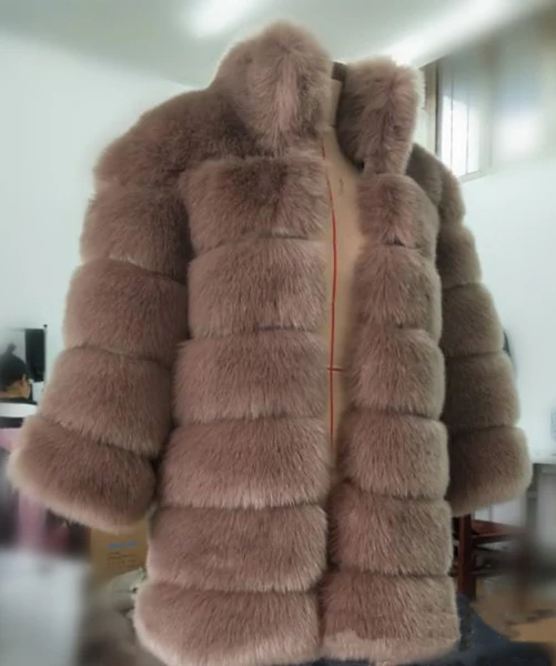 Dark camel Модные милые размера плюс зимняя верхняя одежда меховое пальто из искусственного меха женская куртка с высоким воротником и длинным рукавом из искусственного меха Fourrure Abrigos Mujer - Цвет: Dark camel