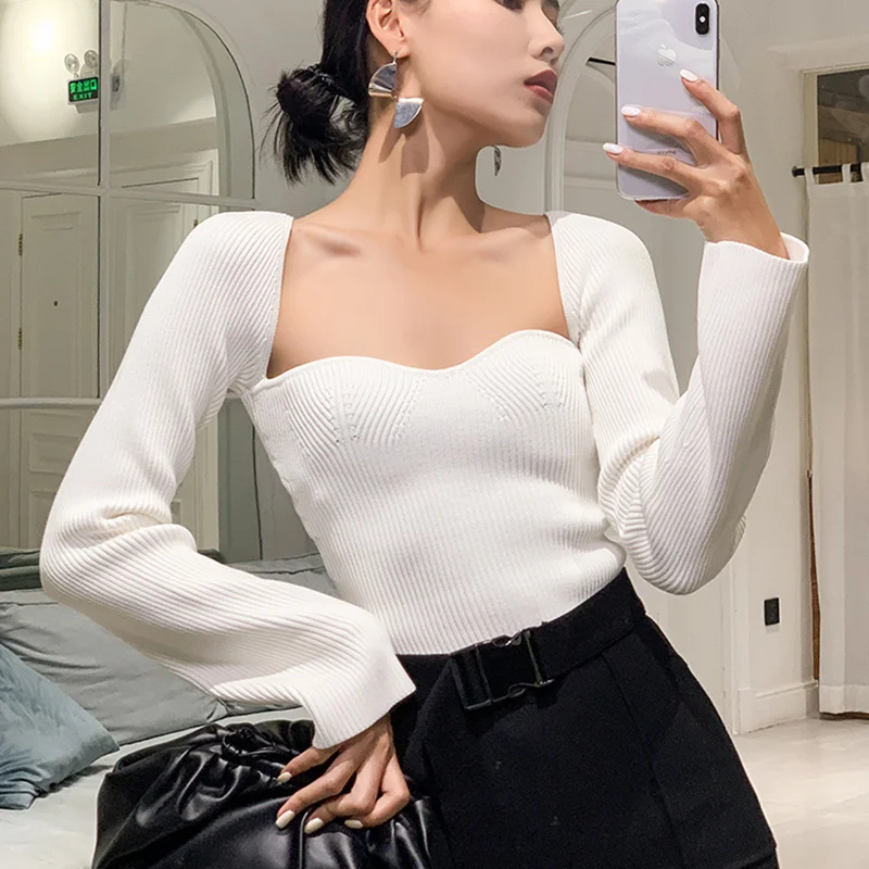 

Женская кашемировая футболка с длинными рукавами, пуловер фиолетового цвета с высокой талией и квадратным вырезом, X900, Осень-зима 2021