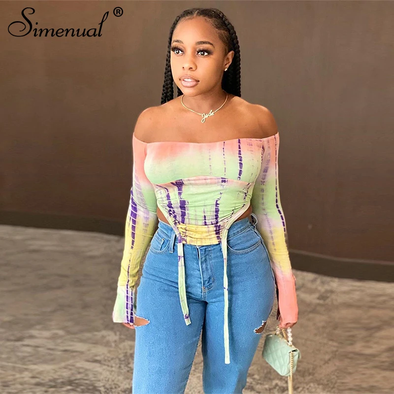

Simenual Print Off Shoulder Long Sleeve Ruched Crop Tops Women Bodycon Skinny Autumn T Shirts Split Fashion Casual Gradient Tee