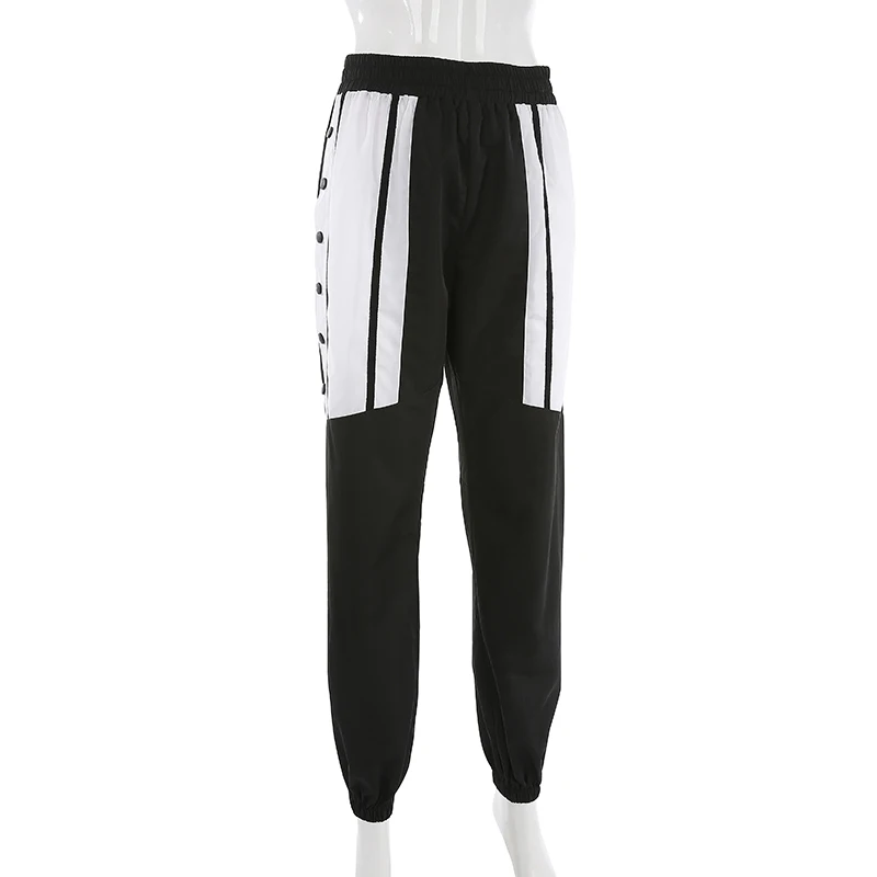 HEYounGIRL/повседневные женские спортивные штаны с пуговицами, Harajuku, эластичные штаны с высокой талией, Капри, лоскутные черные дамские шаровары