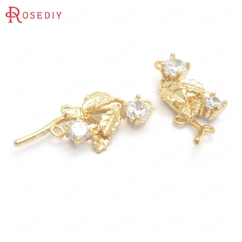 

(37741)4PCS 12x28MM 24K Gold Color Brass and Zircon Flower Charms Pendants Jewelry Making Supplies Diy Findings Accessories