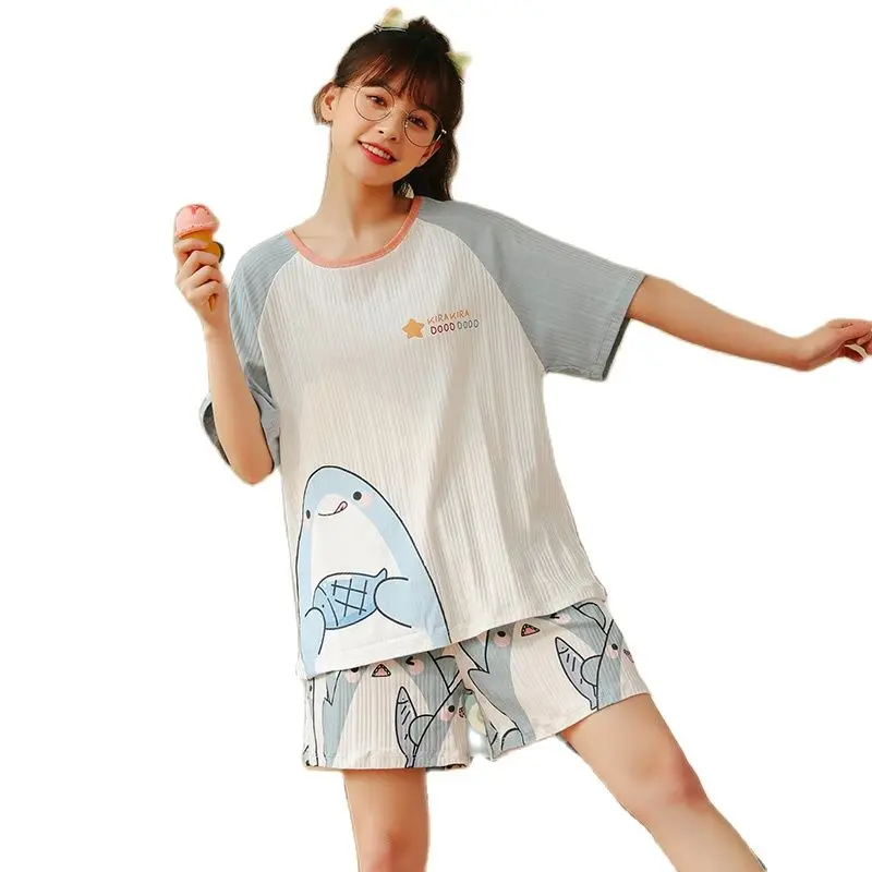 

Летняя вязаная хлопковая Женская домашняя одежда мультяшная Пижама женская пижама с коротким рукавом Круглый вырез повседневная мягкая женская пижама