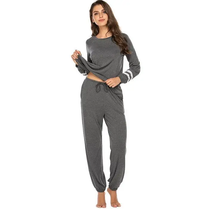 Women Nightwear O-Neck Long Sleeve Striped Pajamas Set