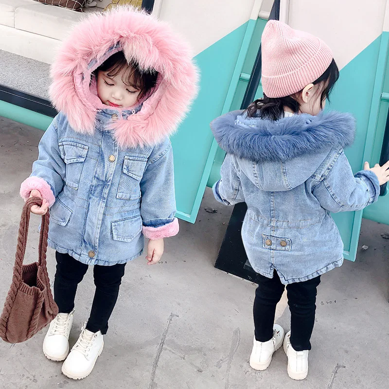 

Winter Baby Girls Denim Jacket Plus Velvet Real Fur Warm Toddler 2 Colors Girls Outerwear Coat 2-7 Years Kids Thicken Parka Coat