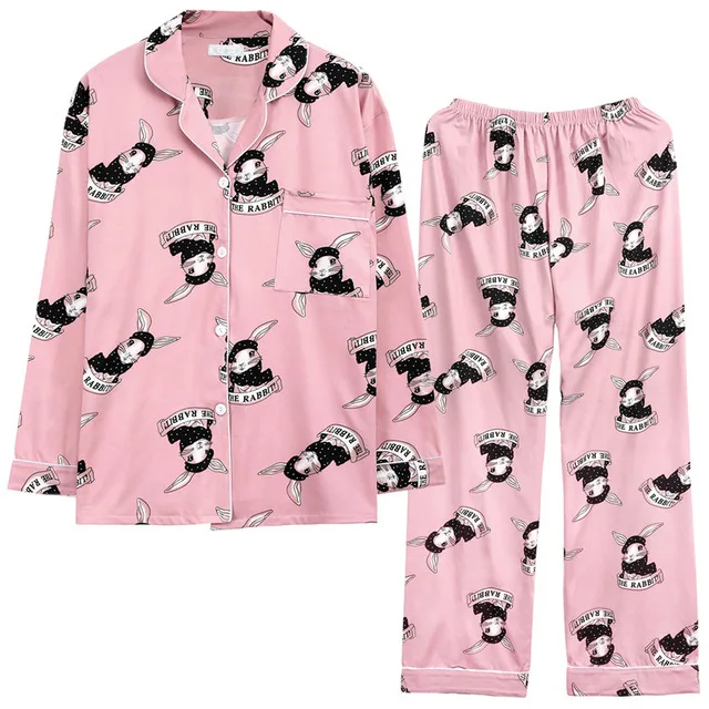 Женская милая Пижама с рисунком кролика, наборы, Осень-зима, длинные штаны, хлопок, Мультяшные сексуальные пижамы, Женская домашняя одежда с животными, Женское ночное белье - Цвет: Pink