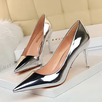 

10cm high heels pointed solid shallow sexy ladies shoes black patent leather fine heels 2020 new large size 34-43 shoes