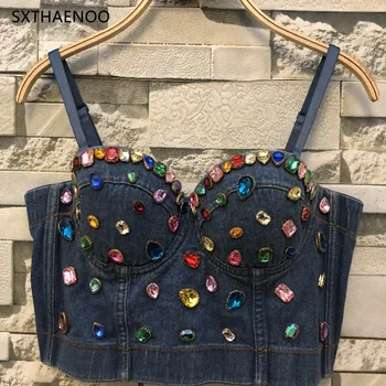 

Jeweled Beaded Classic Minimalist Woman Denim Camisole Temperament Cling Slim Gathering Steel Ring Wrap Chest Top