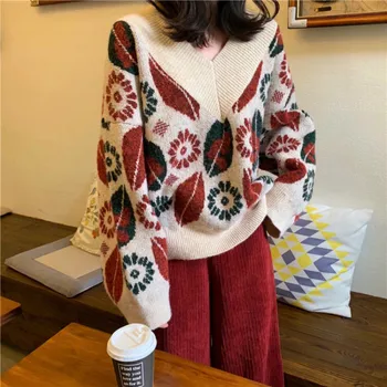

Aihuyigui Autumn Winter V-neck Vitnage Knitted Printed Women Sweater Loose Lantern Sleeve Pulllovers Oversized Streetwear Cl015