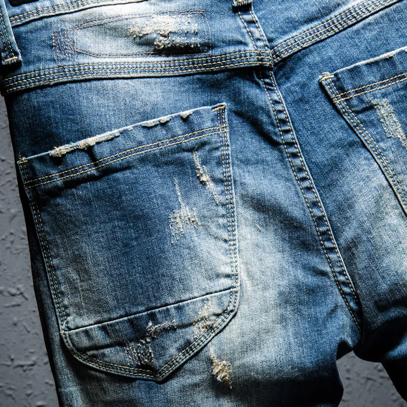 Men Streetwear Hiphop Ripped embroidery Slim fit jeans Knee Holes Destroyed Man Casual Cotton joggers beggar denim pants