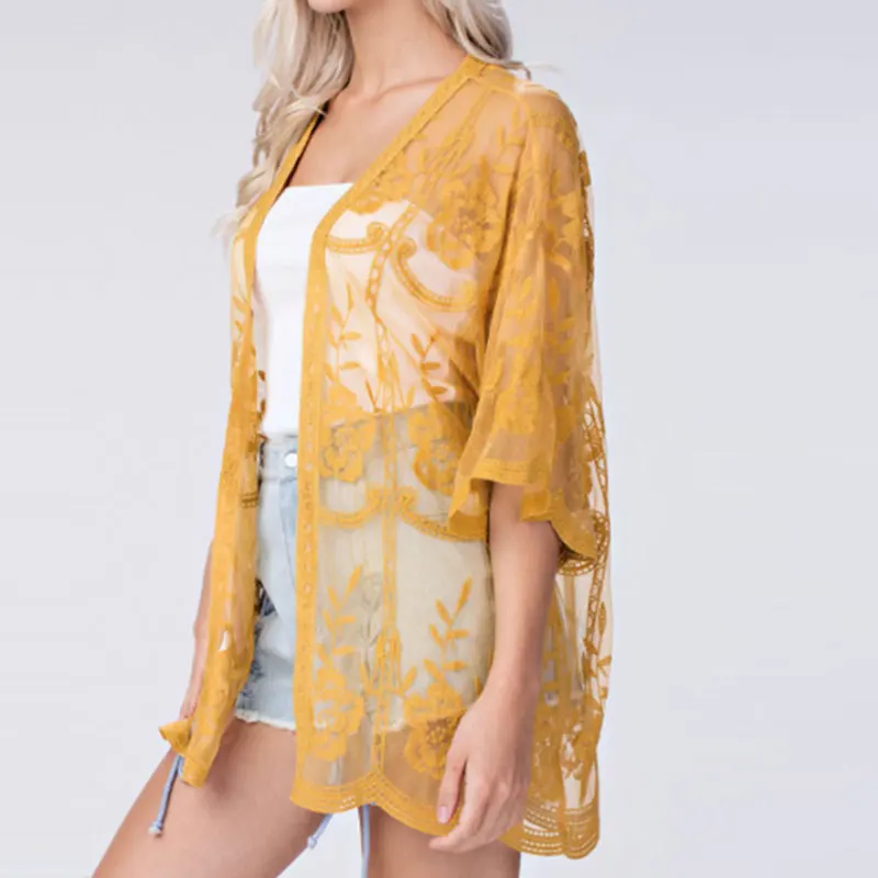 Yellow Женский Высококачественный кружевной кардиган с коротким рукавом, пляжный открытый кимоно, кардиганы блузы, топы - Color: Yellow