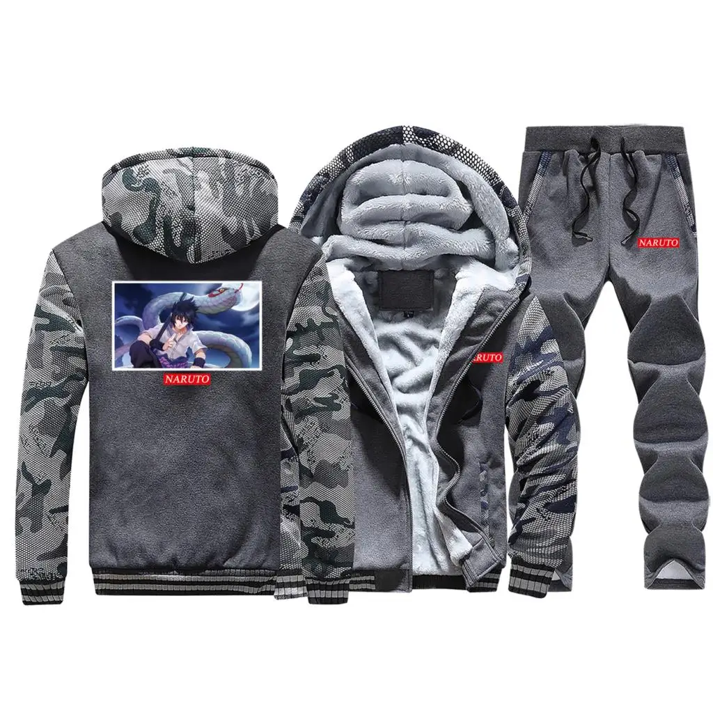 Комплект японского аниме для мужчин, спортивная одежда Uchiha Sasuke, камуфляжные куртки Наруто,, зимнее теплое Мужское пальто, повседневный военный комплект из двух предметов - Цвет: Dark Gray