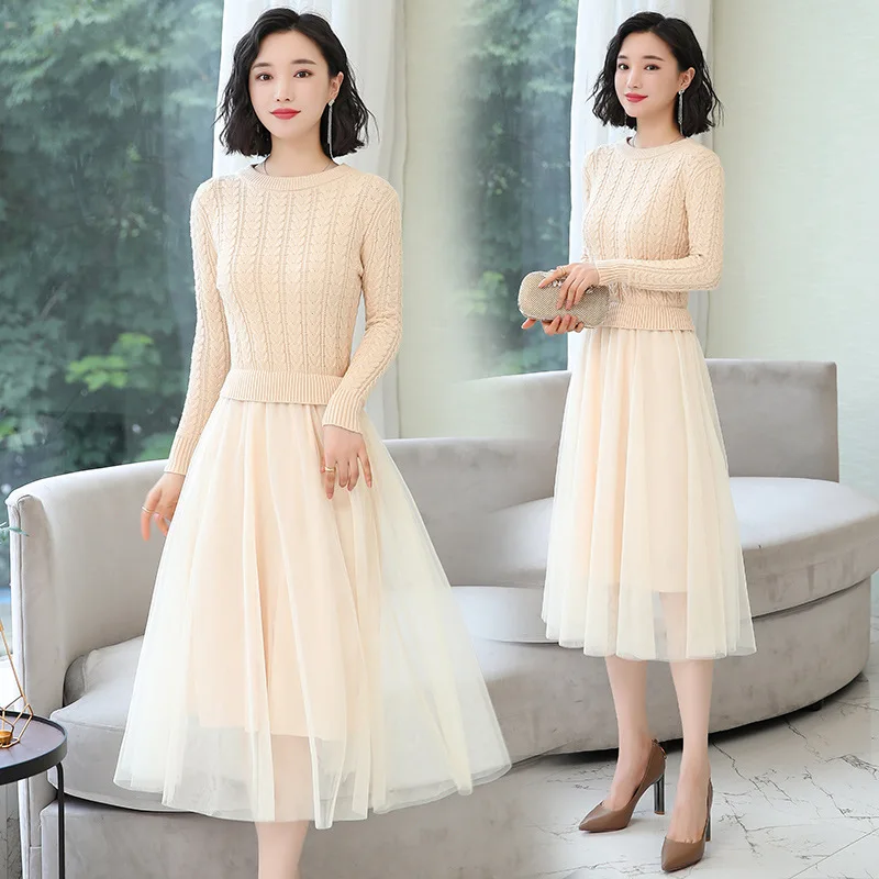 

Early Fall And Winter Clothes 2019 New Style Gauze Jersey Dress Sweater Women's Two-Piece Set Long Long Skirts