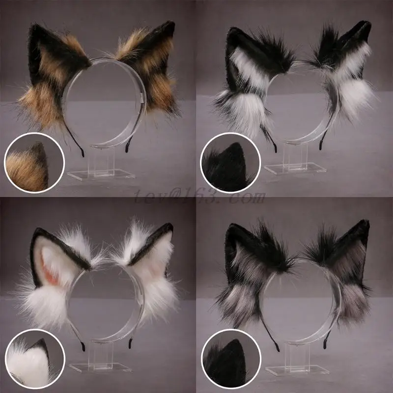 Lovely Animal Faux Fur Wolf Ears Headband Realistic Furry Fluffy Hair Hoop Lolita Anime Masquerade Cosplay Costume