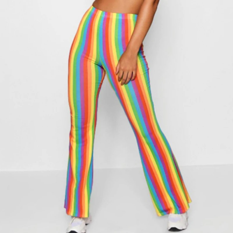 Rainbow Stripe Wide Leg Women Pants High Waist Flare Pants Female Casual Winter Skinny Sexy Pantalones de mujer