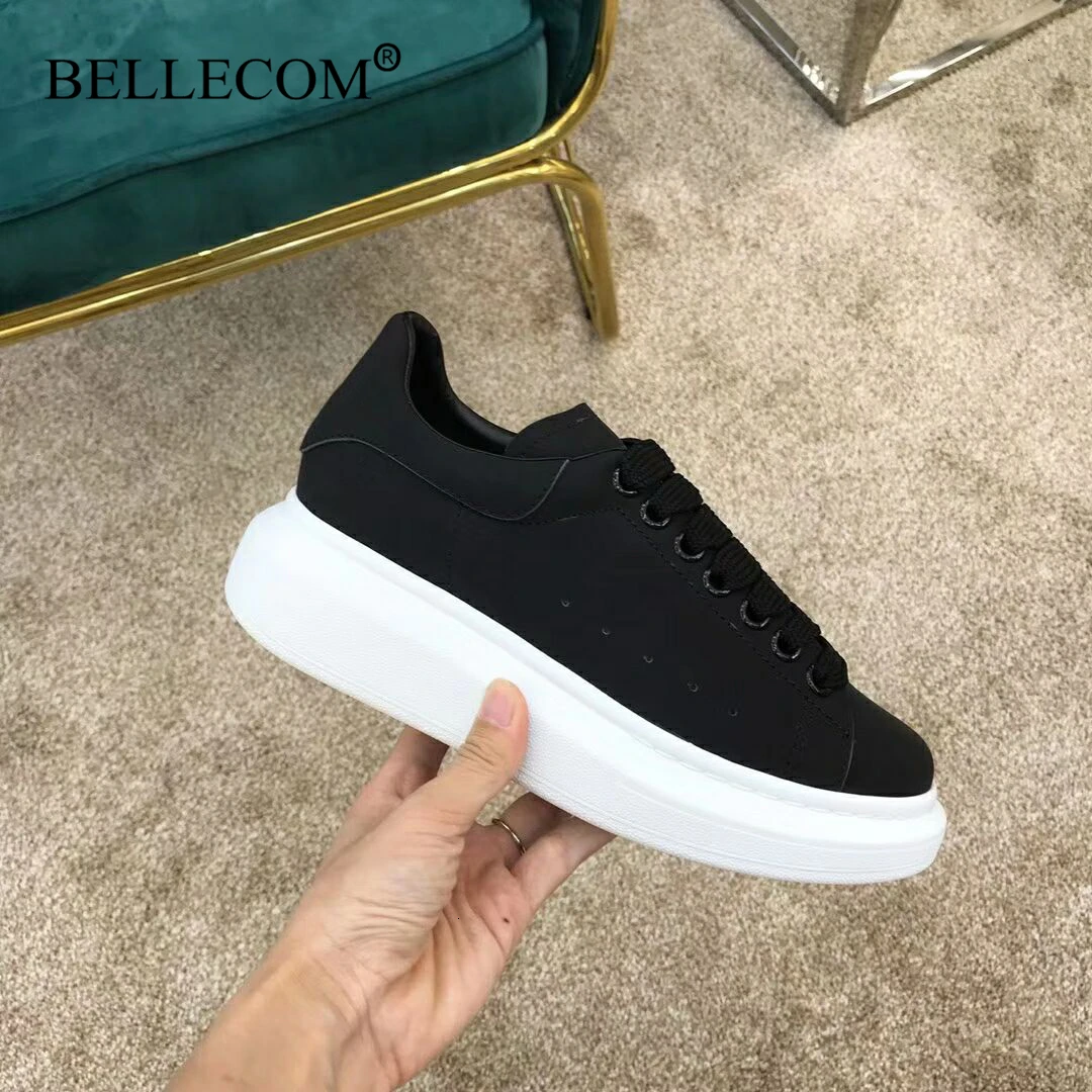 Bellecom/Новинка года; женские кроссовки на платформе; мужские кожаные туфли на плоской подошве; маленькие белые туфли; Повседневная обувь McQueen; zapatos mujer; Размеры 35-45