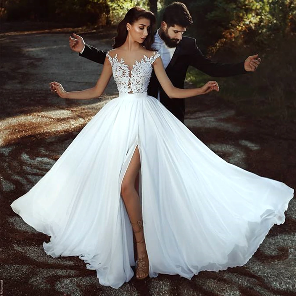 Белое шифоновое свадебное платье пляжные свадебные платья для свадебной вечеринки с прозрачной горловиной, доступное кружевное длинное платье - Цвет: Белый