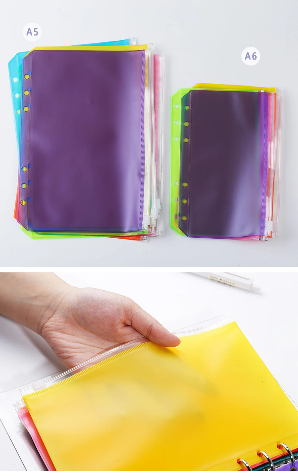 A5/A6 Binder Pockets PVC Binder Loose Leaf Bag Colorful Zipper Folders For 6-Ring Notebook Binder Pouch Document Filing Bags
