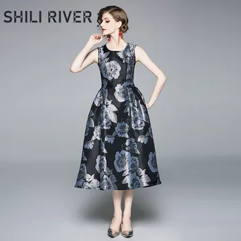 

New summer long vest dress for women sleeveless slim casual O neck elegant cute floral embroidery pleated swing full dress black