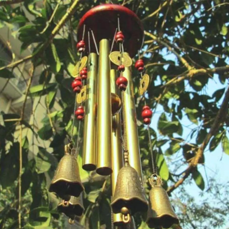 Chinese Traditional Wind Chime 6 Pipes 5 Bells and Bronze Windchime Wood Base for Outdoor Patio Garden Home Decor | Дом и сад