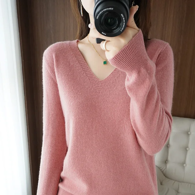 Autumn Winter New Cashmere Sweater Women Keep Warm V-neck Pullovers Knitting Sweater Fashion Korean Long Sleeve Loose Tops pink