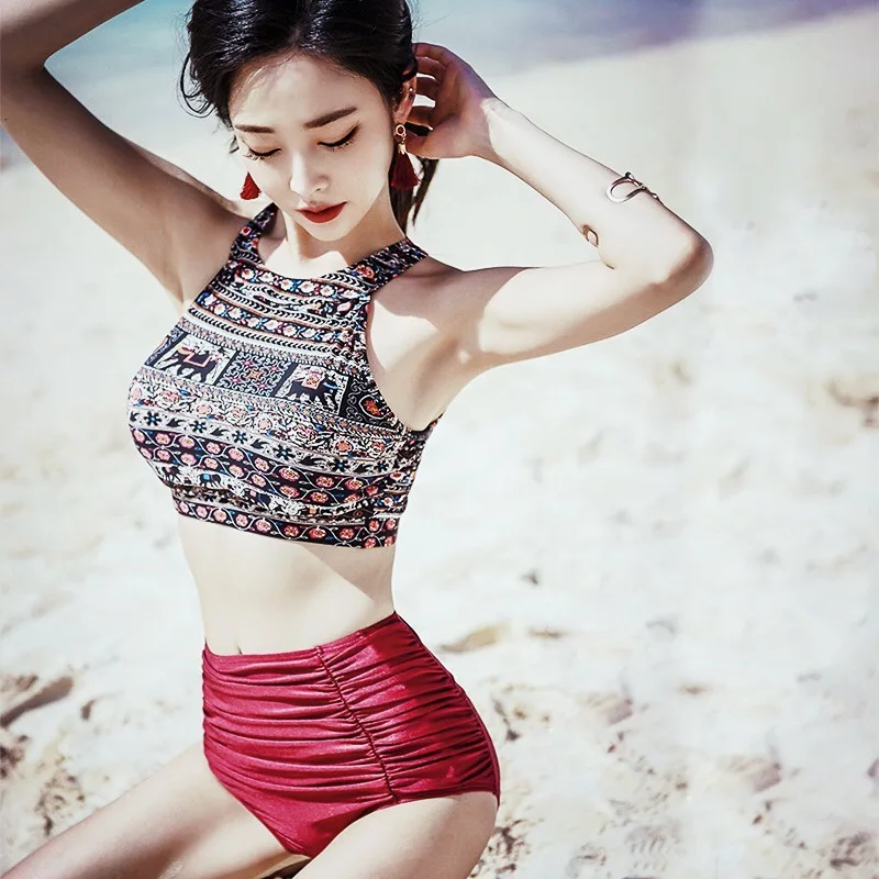 

Bikini Small Bust Gathering-Slimming Swimwear Bikini gao yao shi Retro Large Bust South Korea Two-piece Swimsuits Women's