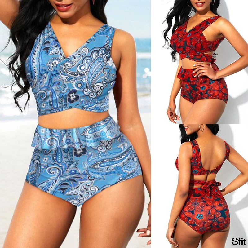 2020 Tie Back High Waist Floral Print Bikini Set Monokini Bathing Suit Push-up Adjustable Casual Swimsuit Retro Bikini Suit 2020 Tie Back High Waist Floral Print Bikini Set Monokini Bathing Suit Push-up Adjustable Casual Swimsuit Retro Bikini Suit