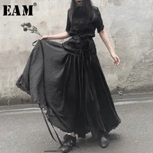 [EAM] высокая эластичная талия, черная Асимметричная длинная юбка с разрезом, женская мода, новая весенняя Осенняя коллекция 19A-a539