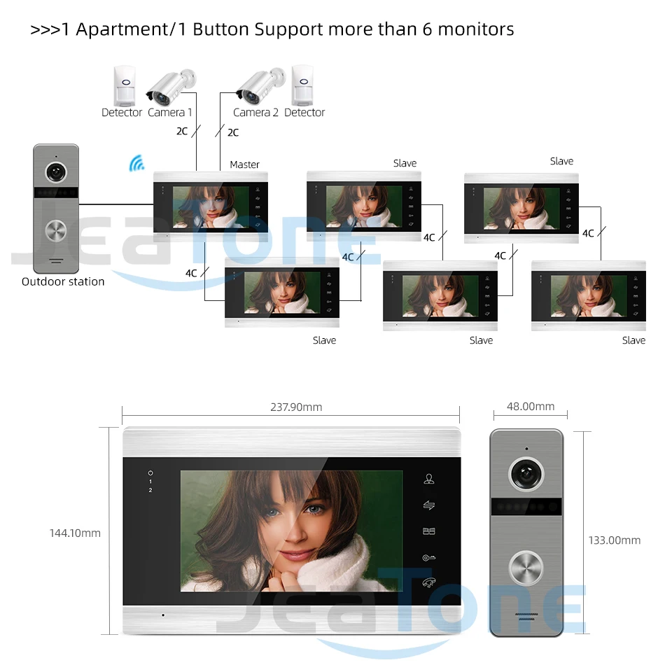 JeaTone Tuya Smart App 7 дюймов видео телефон двери WiFi интерком для мульти квартиры